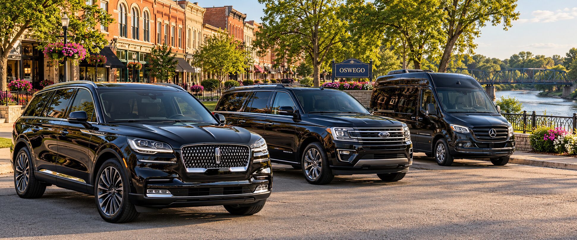 Black luxury SUVs and executive Sprinter in an Oswego-inspired downtown riverfront setting.