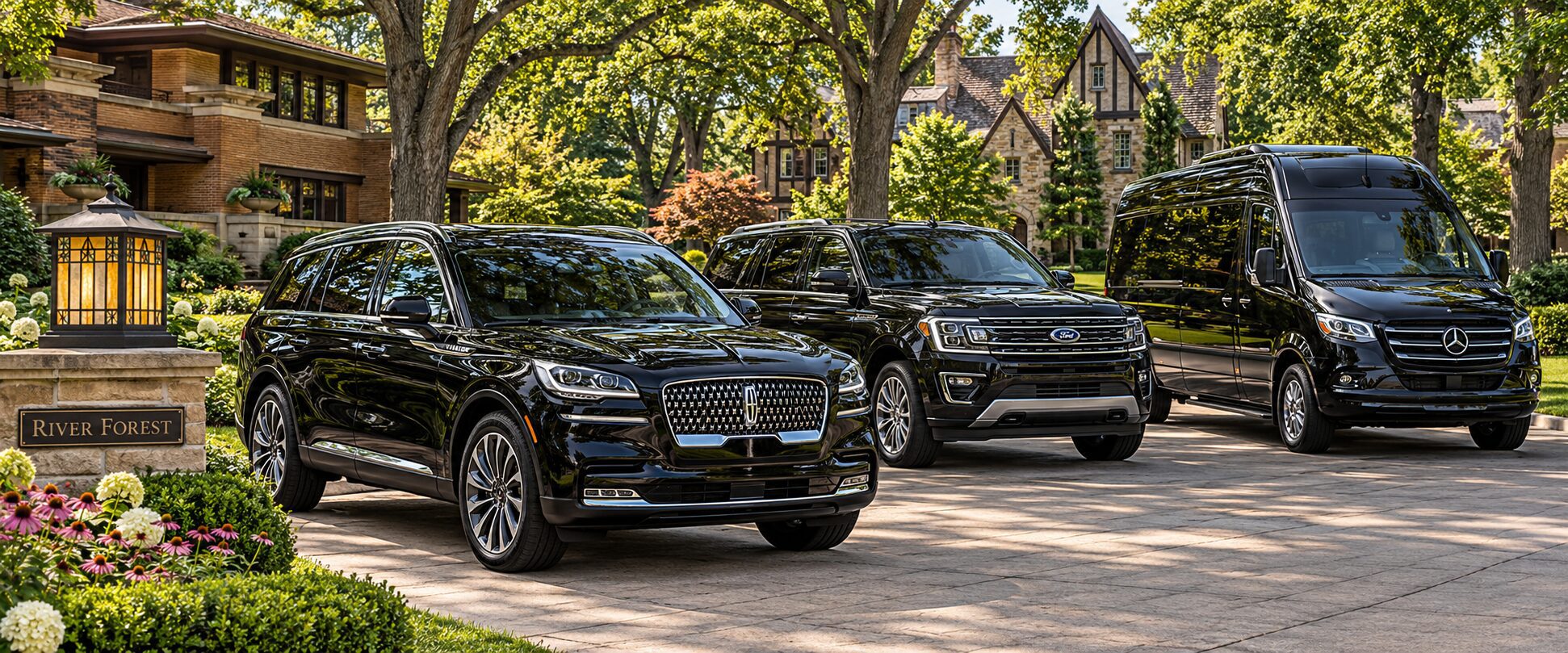 Black luxury SUVs and executive Sprinter in a leafy River Forest-inspired neighborhood.