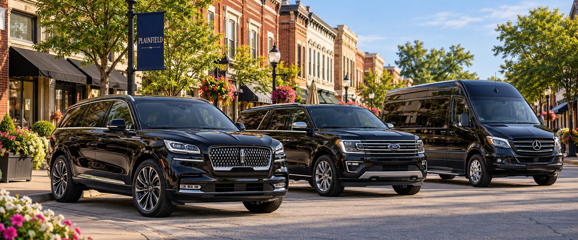Black luxury SUVs and executive Sprinter in a historic downtown Plainfield-inspired setting.