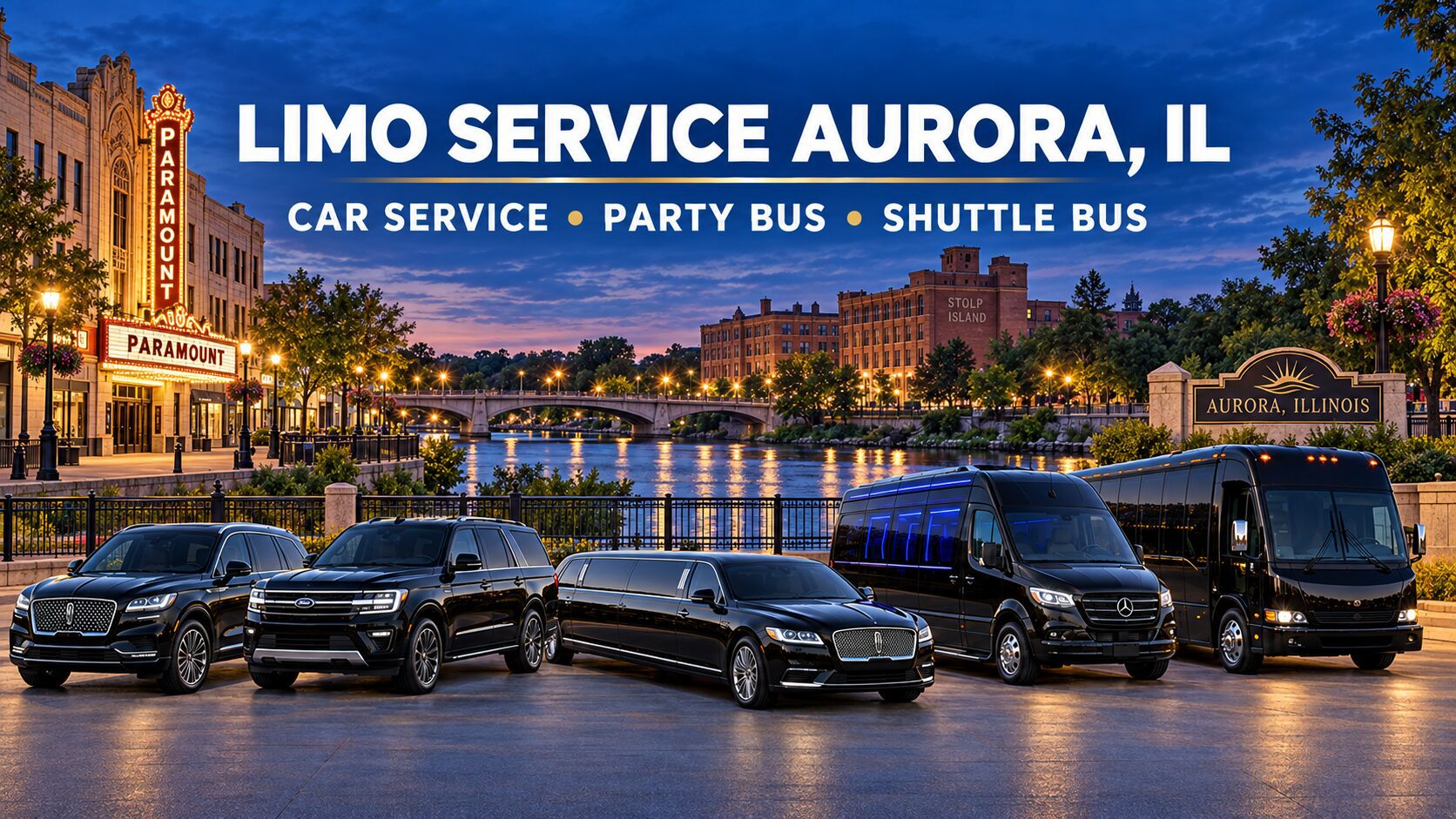 Limo Service Aurora IL Car Service Party Bus Shuttle Bus, Fox River and Stolp Island, adding recognizable downtown Aurora architecture and a tasteful Paramount Theatre-style marquee, while keeping the fleet and service text prominent.