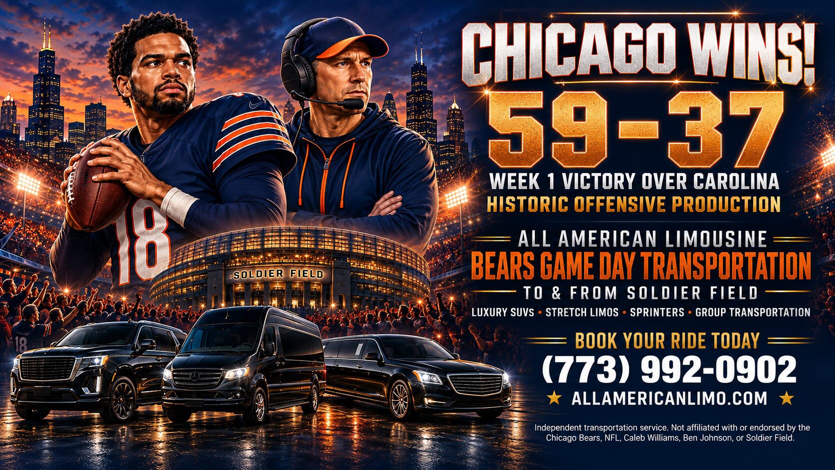 Limo Transportation Service to Chicago Bears Game after Week 1 Win Against Carolina Panthers 59-37