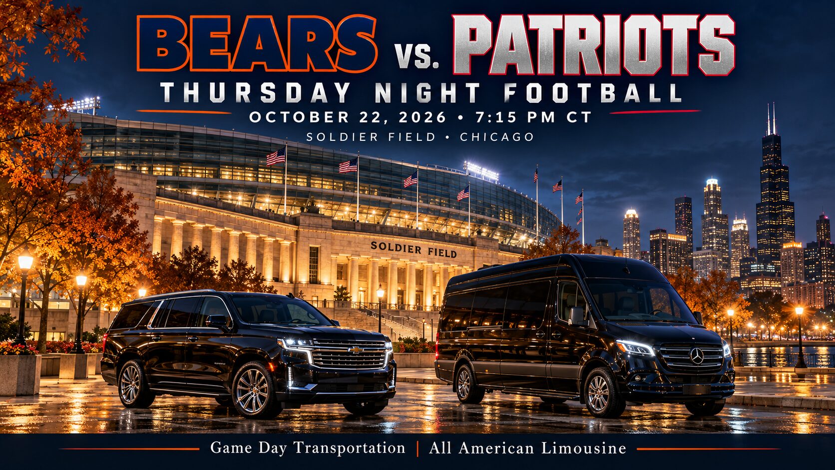 Book Bears game transportation for Chicago vs. New England at Soldier Field on October 22, 2026. Reserve a luxury sedan, SUV, or Sprinter.