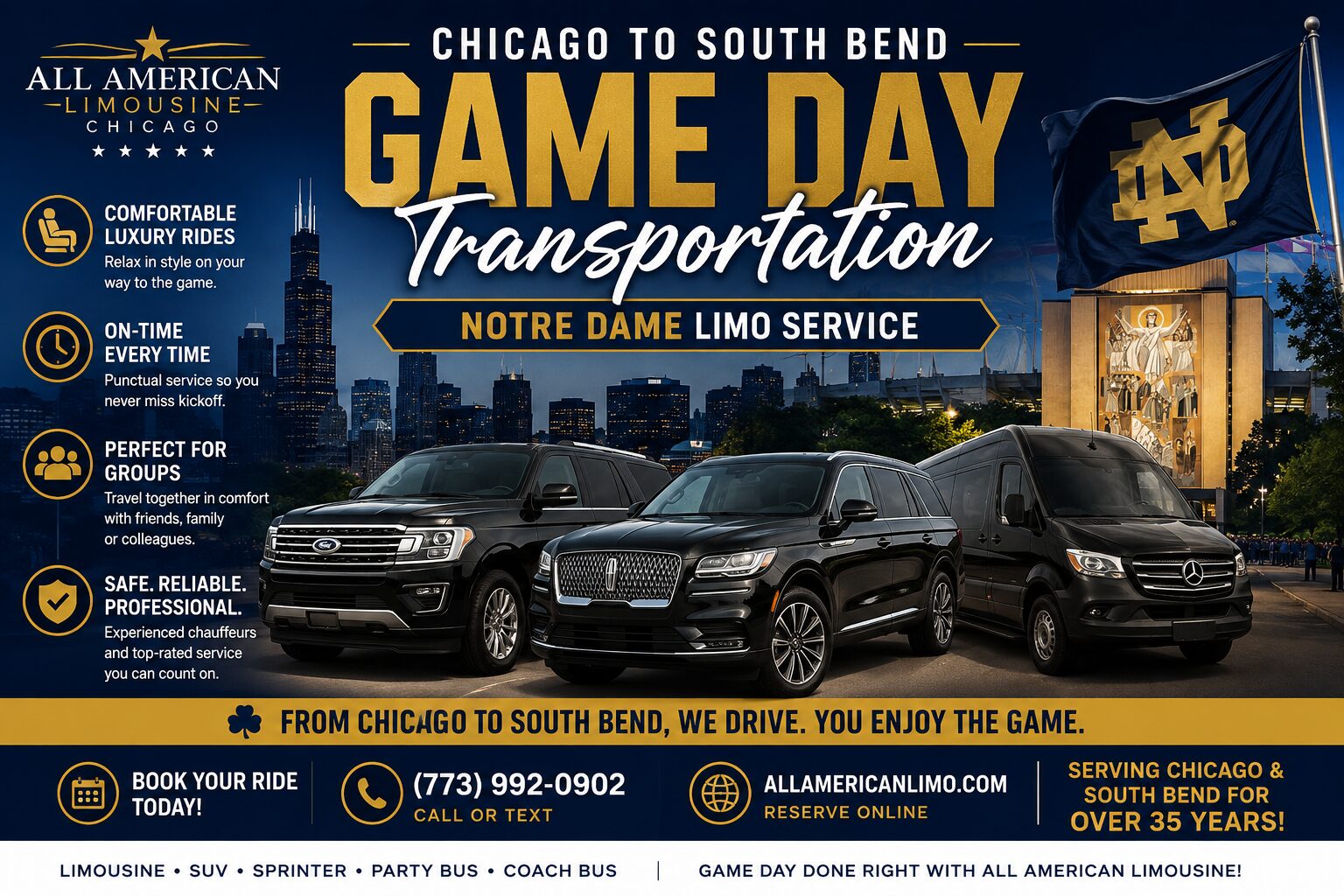 Chicago to South Bend Game Day Transportation Notre Dame Limo Service