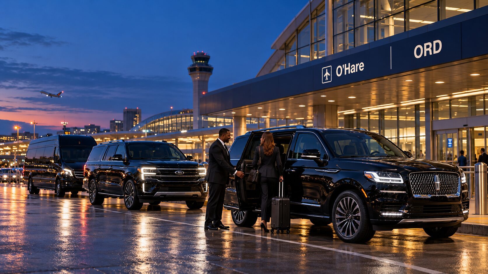 Ohare-Airport-Limo-Car-Service-Chicago, Chauffeur assisting a traveler beside a black luxury SUV at O’Hare Airport