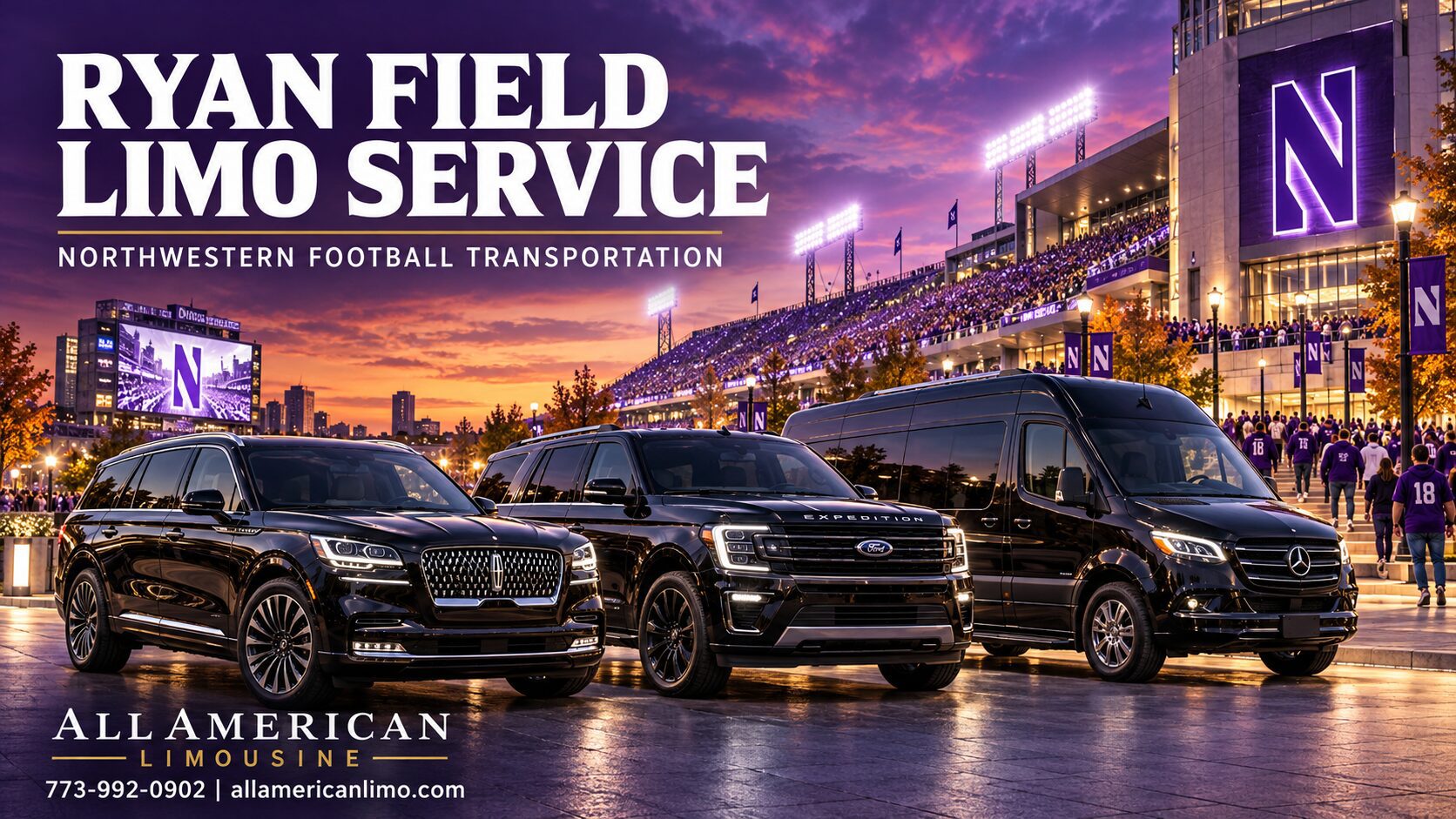 All American Limousine black SUVs and Mercedes Sprinter promoting Ryan Field limo service for Northwestern football games
