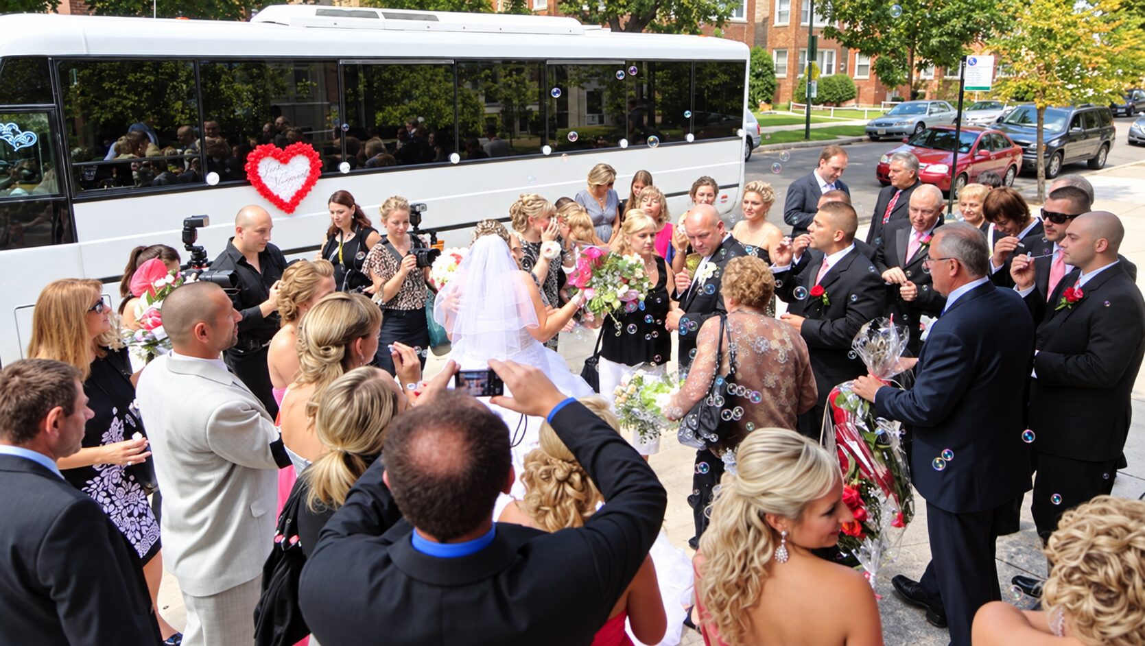 Chicago wedding party with party bus transportation serving the city and surrounding suburbs