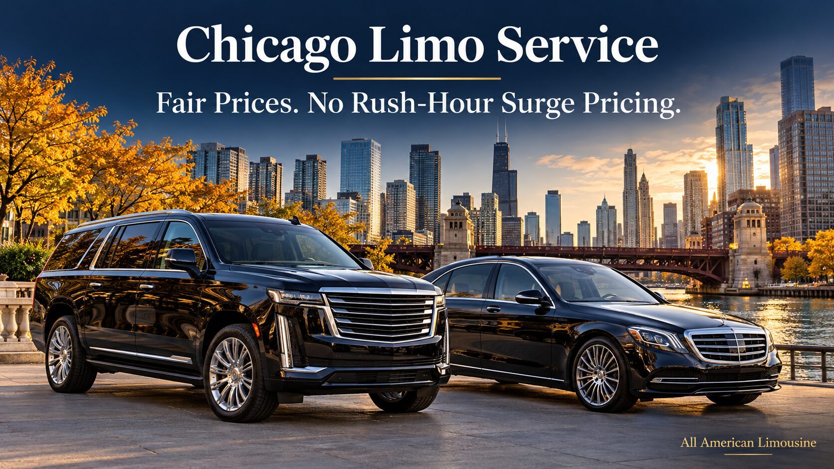 Chicago Limo Service Fair Prices, Black luxury SUV and sedan beside the Chicago River with the downtown skyline in autumn. Enjoy fair pricing and no rush-hour surge pricing with All American Limousine.