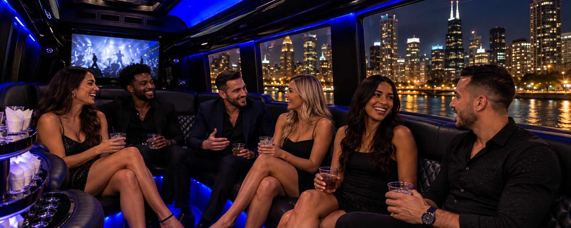 Adult passengers enjoying a luxury Mercedes Sprinter limo interior with Chicago lights outside