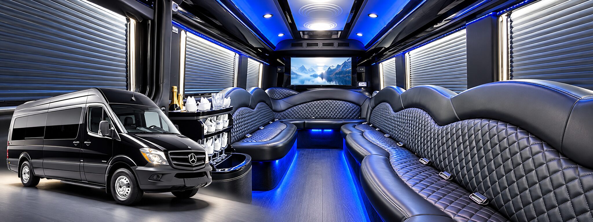 Mercedes Sprinter limo and mini Party Bus serving Northlake Illinois and downtown Chicago