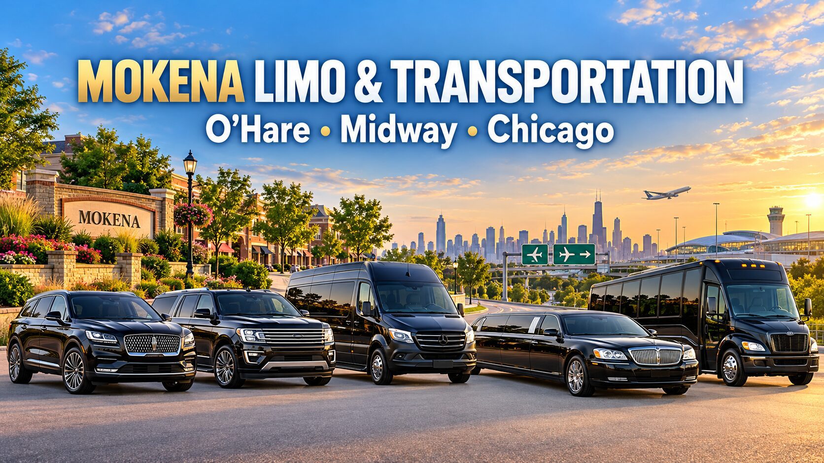 Mokena limo service, airport transportation, party bus and shuttle bus to O'Hare, Midway and Chicago
