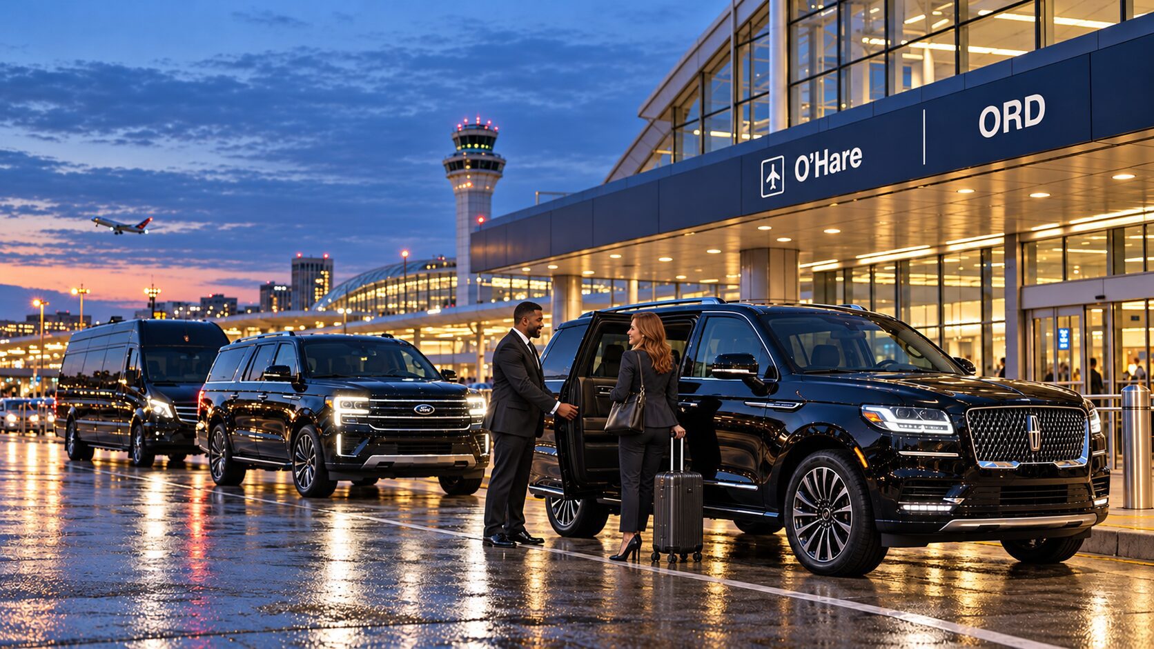 Professional chauffeur assisting an airport traveler using Car Service Northlake to O'Hare Airport