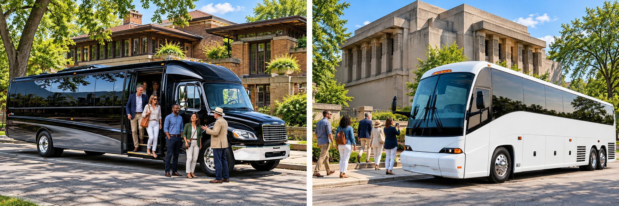Shuttle Bus and Coach Bus Oak Park transporting visitors to Frank Lloyd Wright Home and Studio and Unity Temple in Oak Park Illinois
