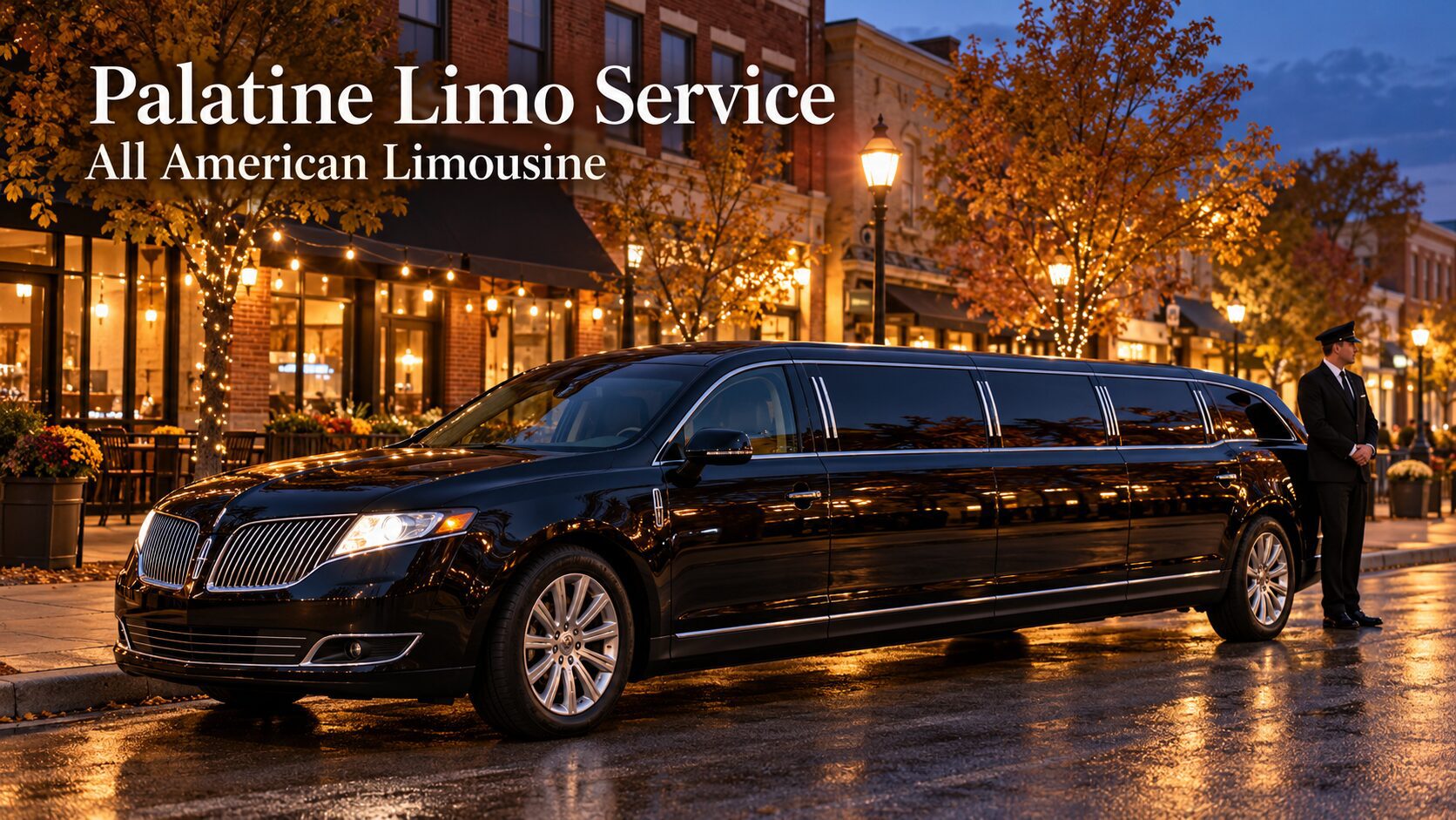 Black stretch limousine with chauffeur on an autumn evening, promoting Palatine limo service.